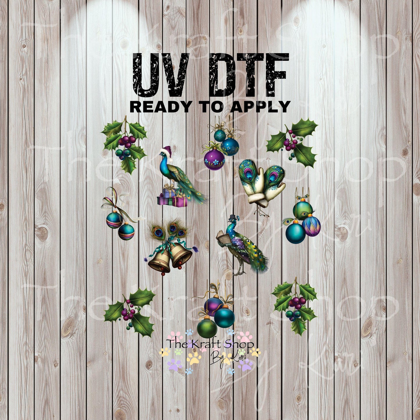 UV DTF Sticker print Peacock Christmas mixed media Element sheet 9x9 decal #7490