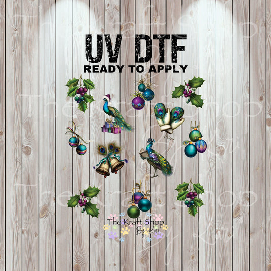 UV DTF Sticker print Peacock Christmas mixed media Element sheet 9x9 decal #7490