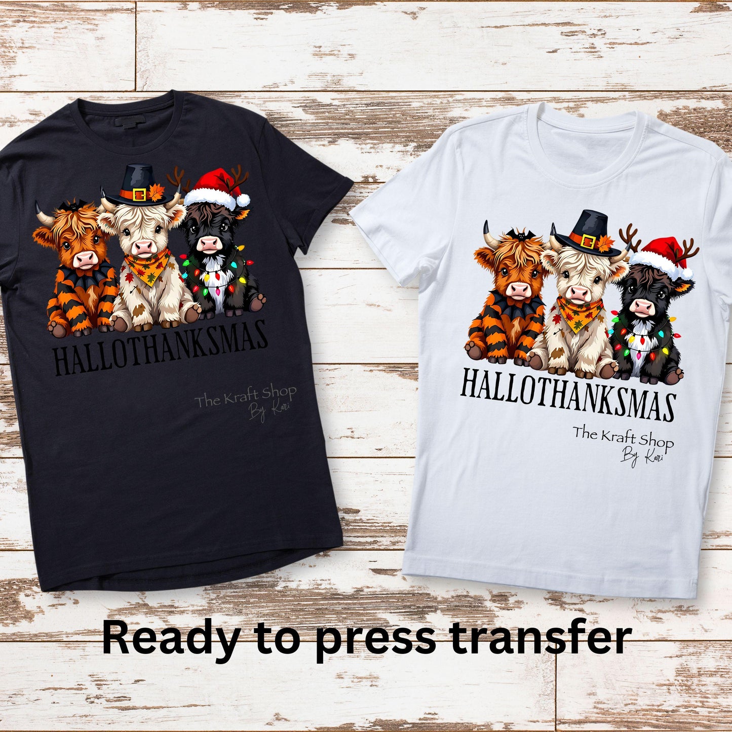 DTF ready to press transfer HalloThanksMas Highland Cow shirt transfer, DTF Print #11571