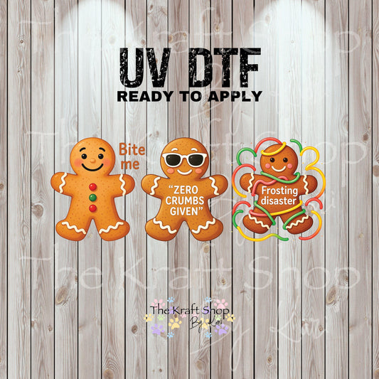 UV DTF Sticker prints. Sassy Gingerbread Christmas decals 3 pk, permanent sticker.#7494