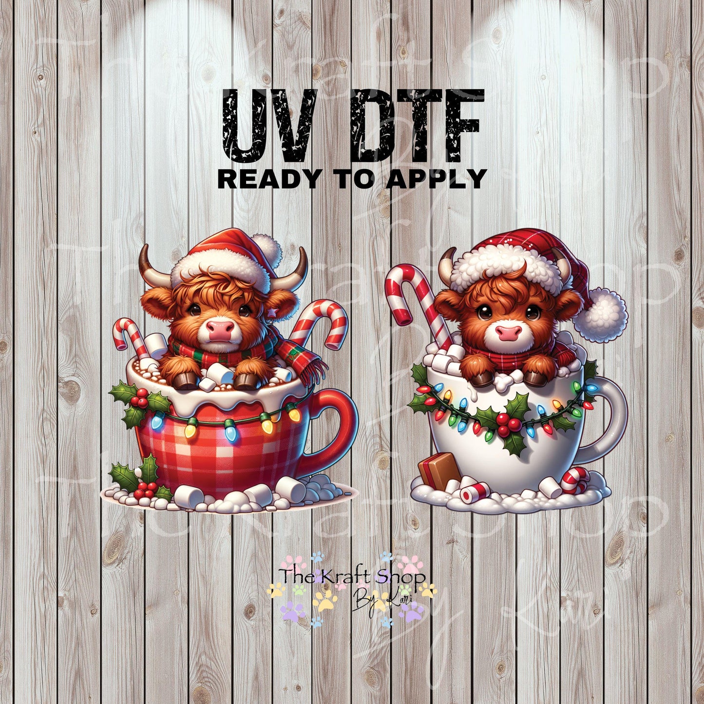 UV DTF Sticker print Cow Christmas mug 2 pk decals, tumbler decal, permanent sticker. #7500