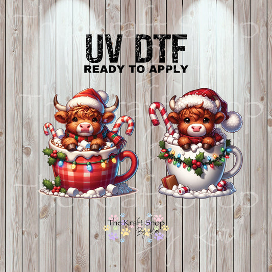 UV DTF Sticker print Cow Christmas mug 2 pk decals, tumbler decal, permanent sticker. #7500