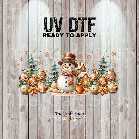 UV DTF Sticker print. Tan Gold Christmas snowman Wrap decals tumbler decal. Glass can wrap. #5469
