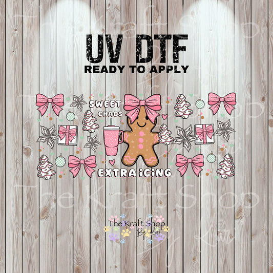 UV DTF Sticker print. Sweet chaos extra icing Christmas gingerbread Wrap decals tumbler decal. Glass can wrap. #5471