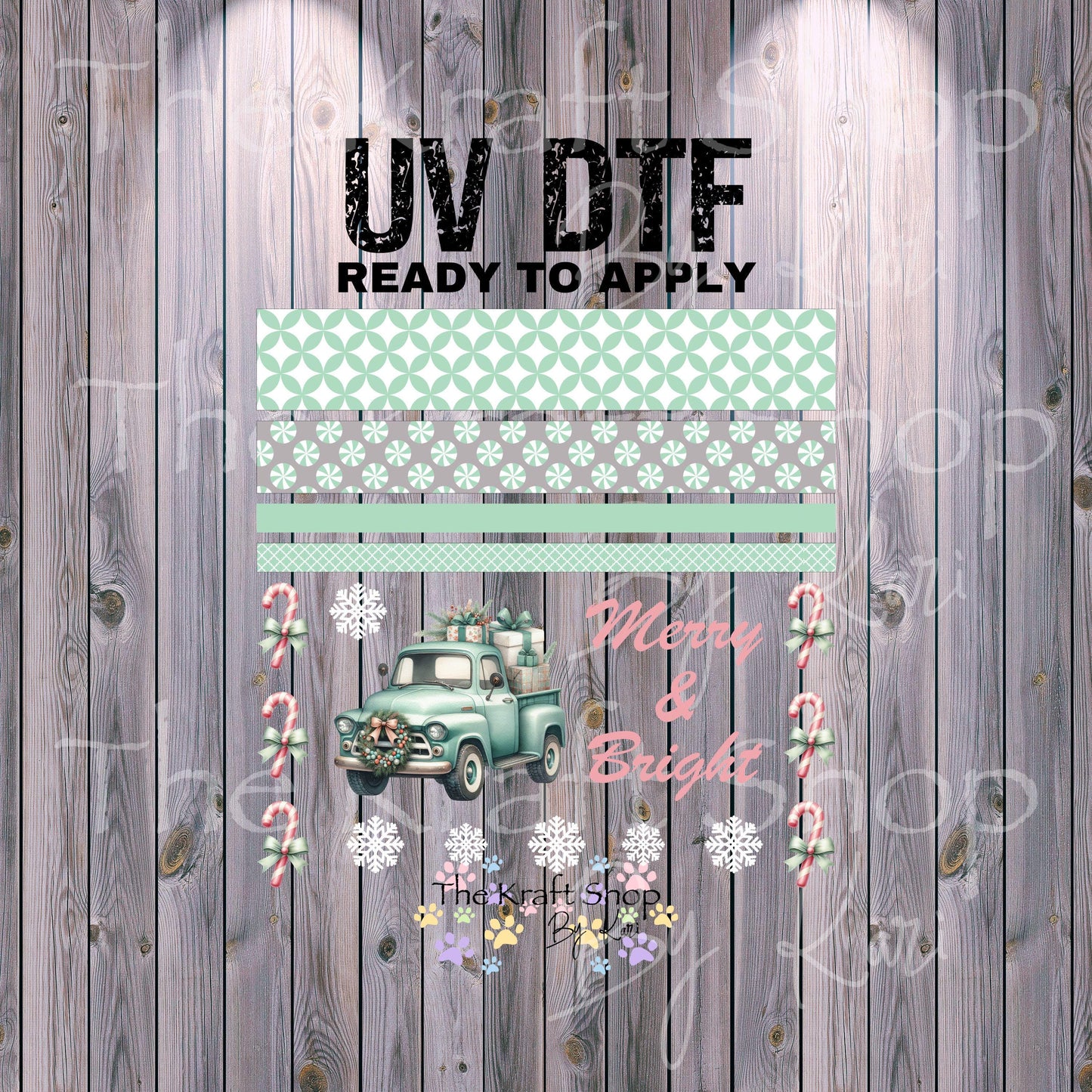UV DTF Sticker print Merry and bright mixed media Teal truck Christmas bundle of decals Element sheet 10x10 decal #7482