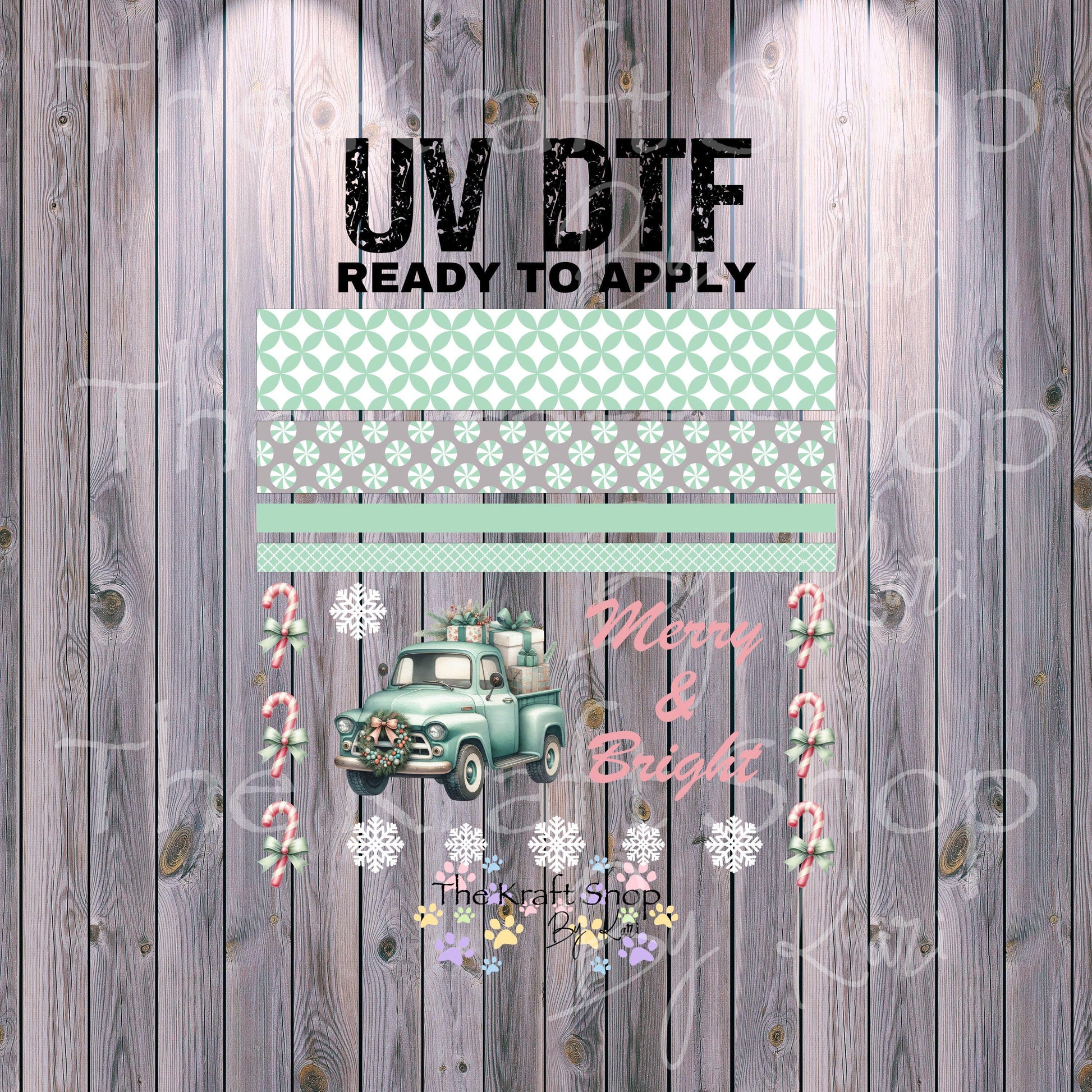 UV DTF Sticker print Merry and bright mixed media Teal truck Christmas bundle of decals Element sheet 10x10 decal #7482