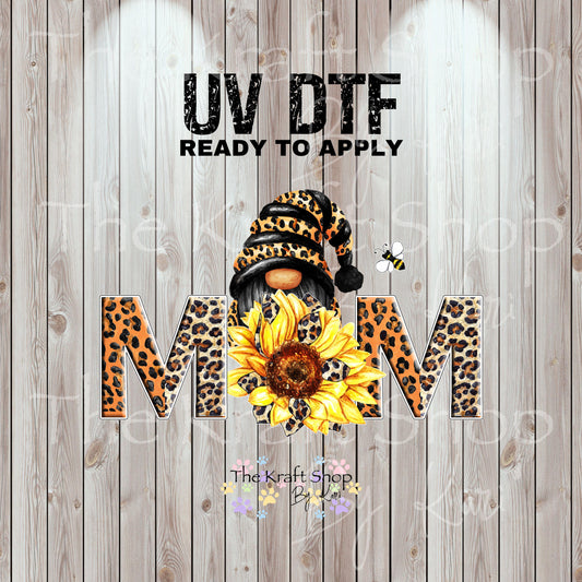 UV DTF Sticker print Leopard Gnome Mom words with sunflower decal, tumbler decal, permanent sticker. #4580