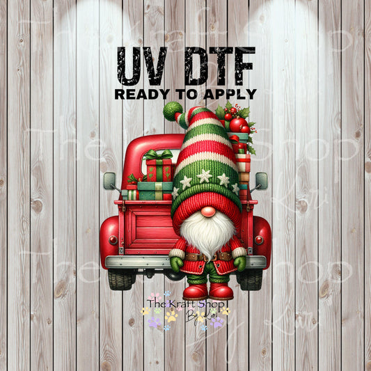 UV DTF Sticker prints. Gnome Santa and red truck Christmas decal, permanent sticker. #7511