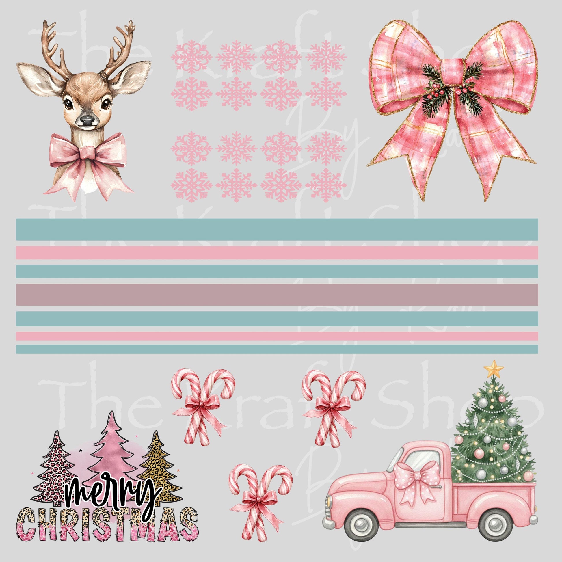 UV DTF Sticker print Pink Bow Christmas truck elements bands Christmas mixed media bundle of decals Element sheet 10x10 decal #7513