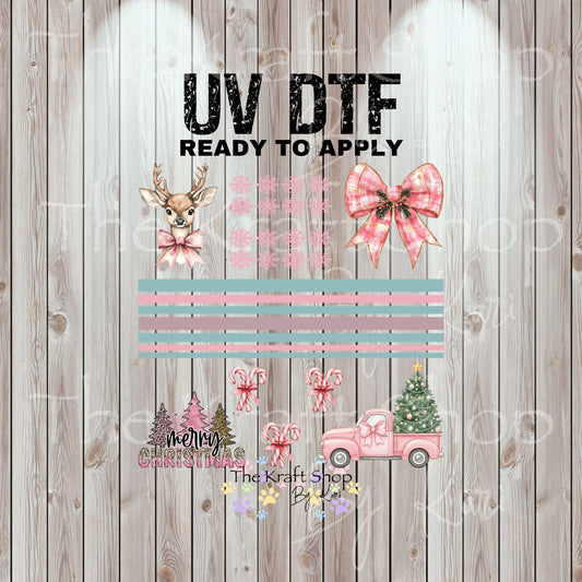 UV DTF Sticker print Pink Bow Christmas truck elements bands Christmas mixed media bundle of decals Element sheet 10x10 decal #7513