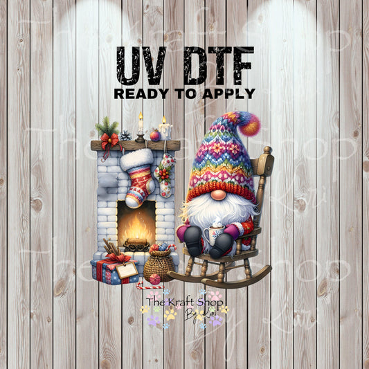 UV DTF Sticker prints. Knit Hat Gnome by Fireplace Christmas decal, permanent sticker. #7514