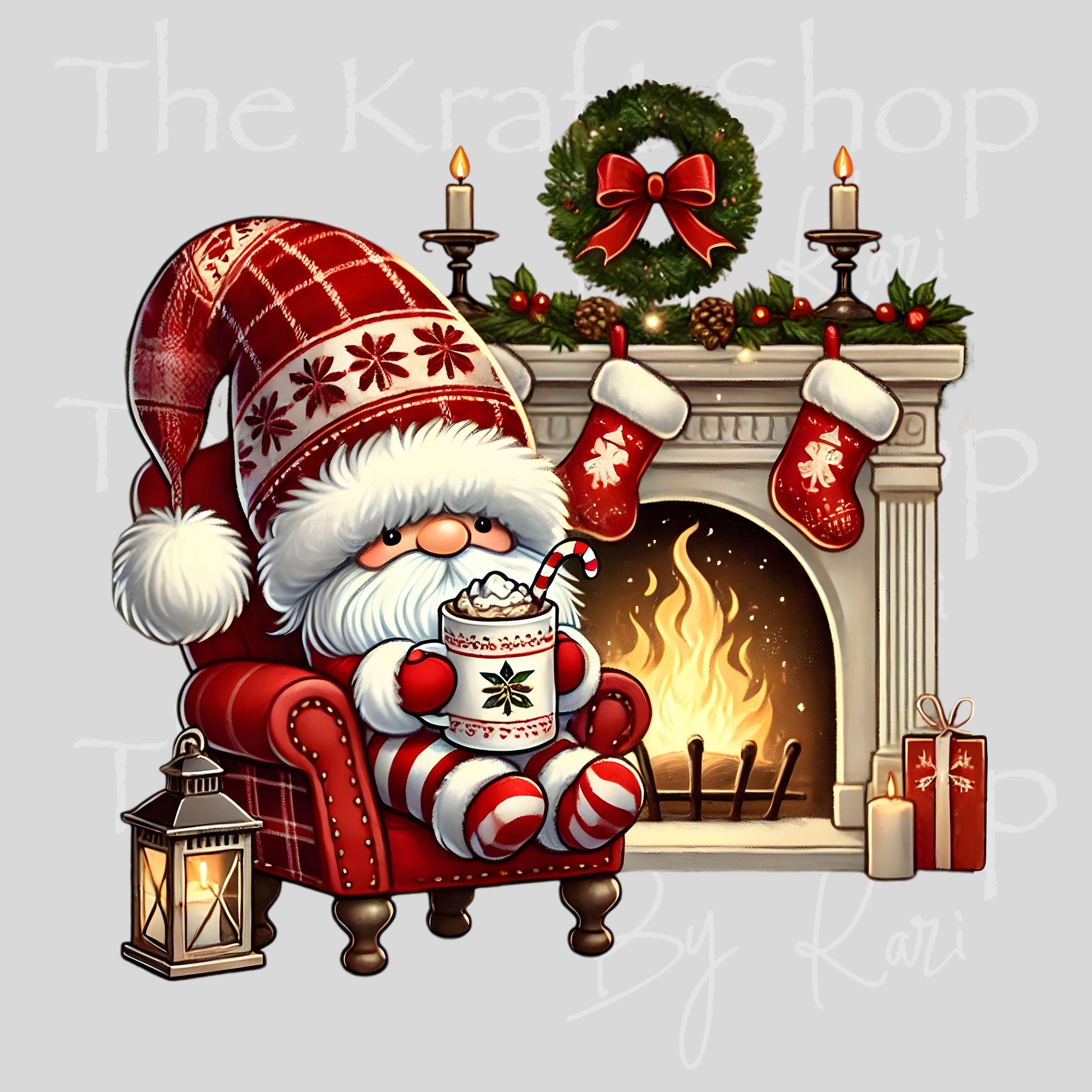 UV DTF Sticker prints. Red Knit Hat Gnome By Fireplace Christmas decal, permanent sticker. #7515