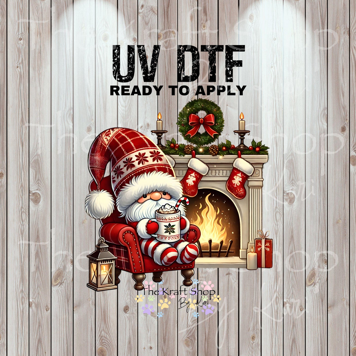 UV DTF Sticker prints. Red Knit Hat Gnome By Fireplace Christmas decal, permanent sticker. #7515