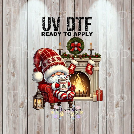 UV DTF Sticker prints. Red Knit Hat Gnome By Fireplace Christmas decal, permanent sticker. #7515