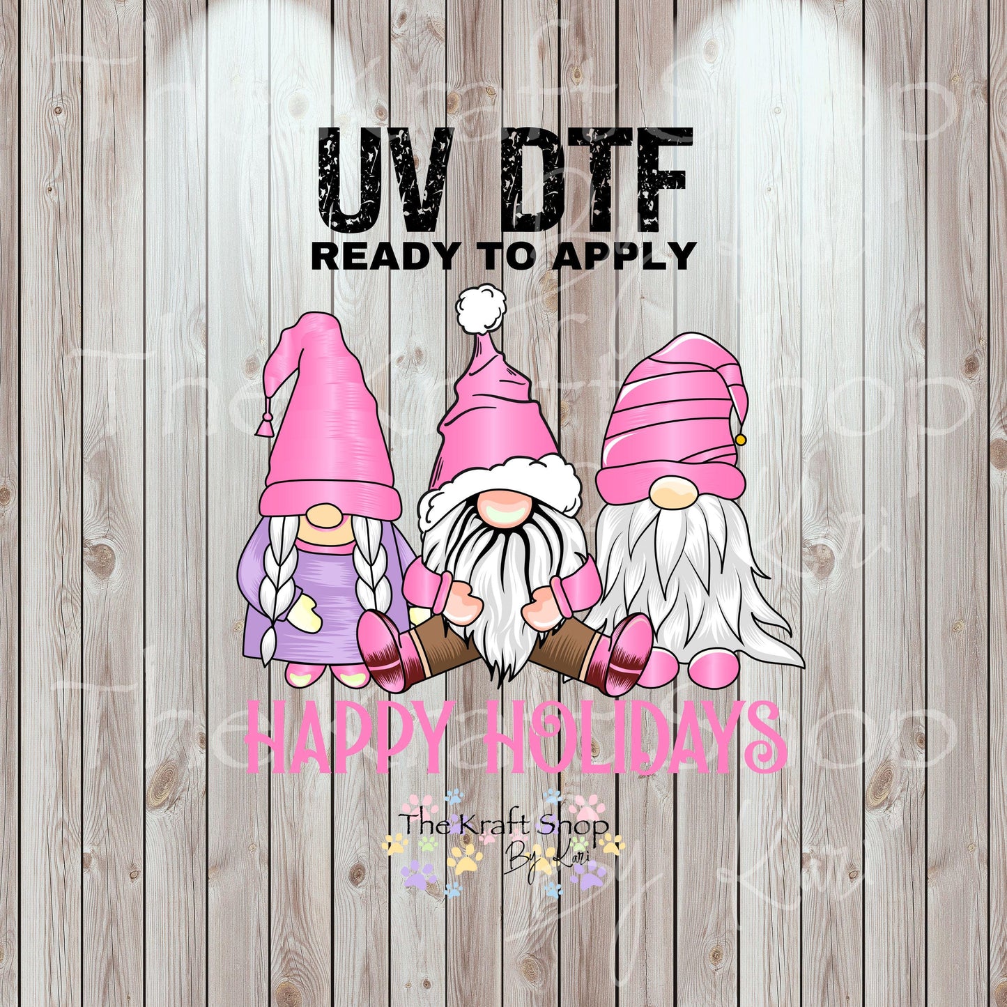 UV DTF Sticker prints. Happy Holidays Pink Gnome Christmas decal, permanent sticker. #7521