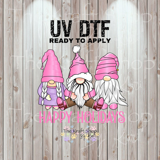 UV DTF Sticker prints. Happy Holidays Pink Gnome Christmas decal, permanent sticker. #7521