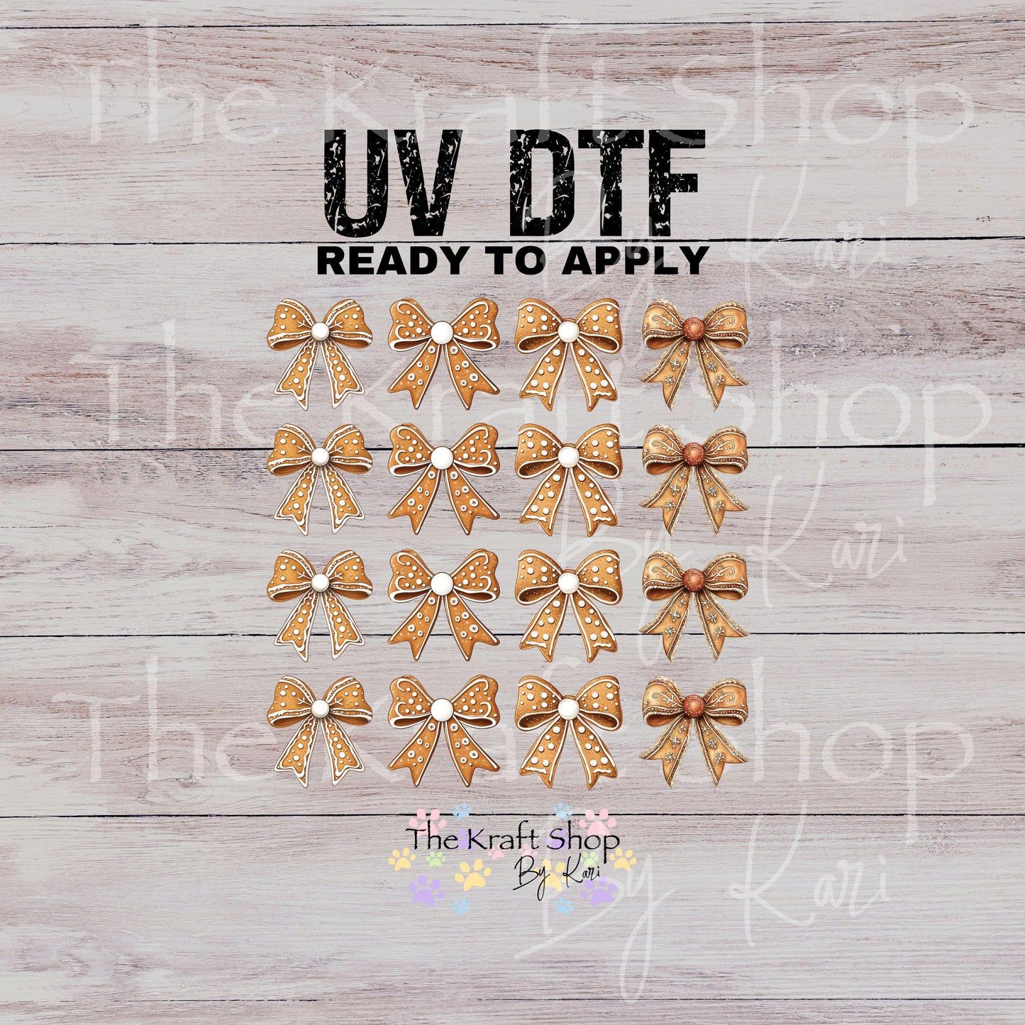 UV DTF Sticker prints. Gingerbread bows decals 4 pk or 16pk, permanent sticker.#7527