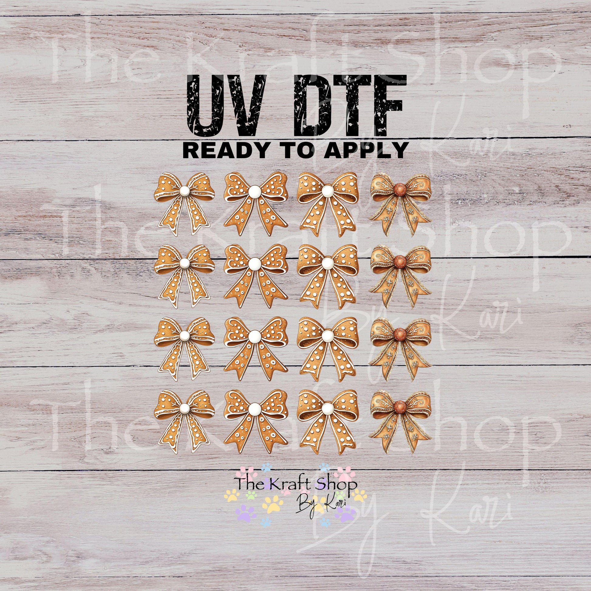 UV DTF Sticker prints. Gingerbread bows decals 4 pk or 16pk, permanent sticker.#7527