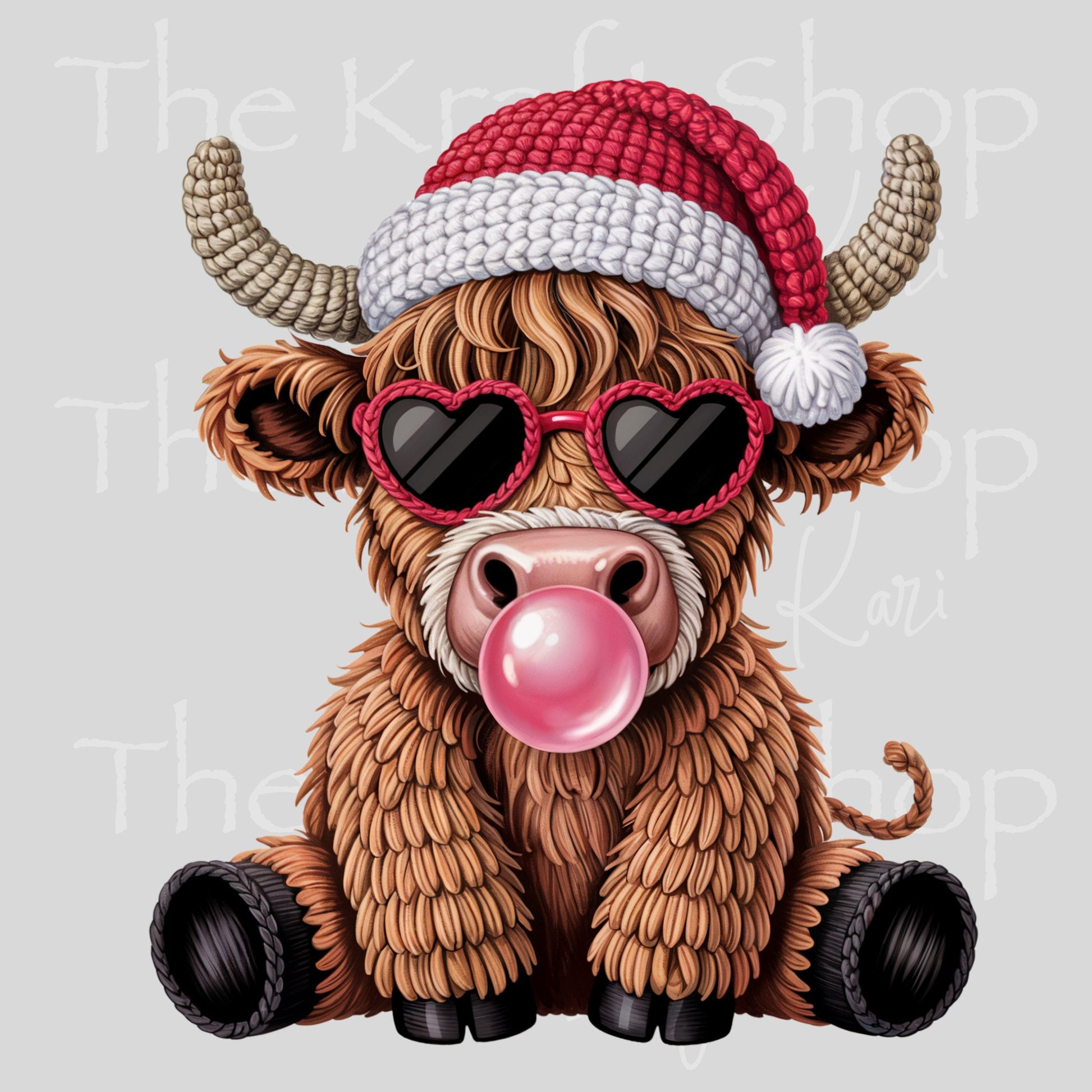 UV DTF Sticker print Yarn Cow blowing bubble crochet look Christmas decal #7528