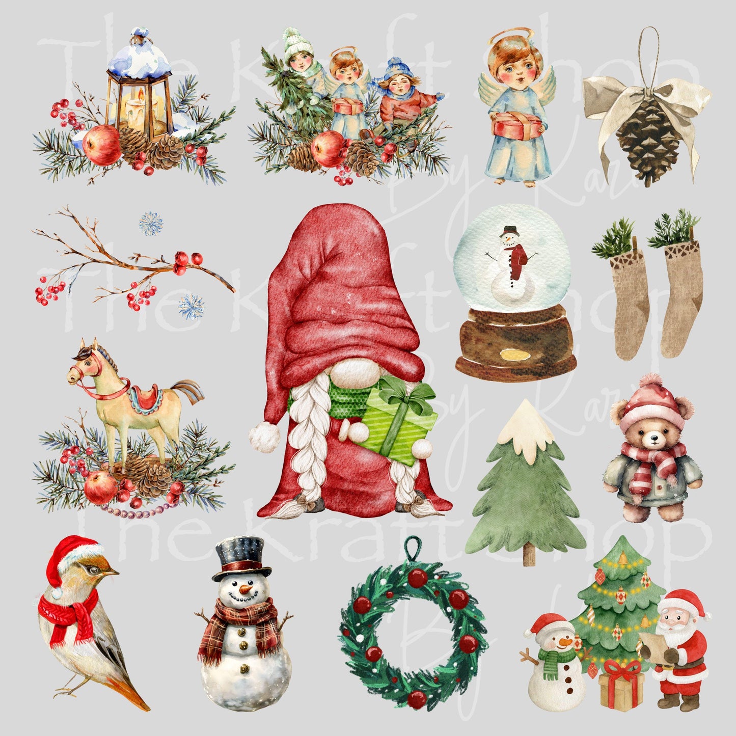 UV DTF Sticker print Old Fashioned Gnome Christmas mixed media Element sheet 8x8 decal #7530