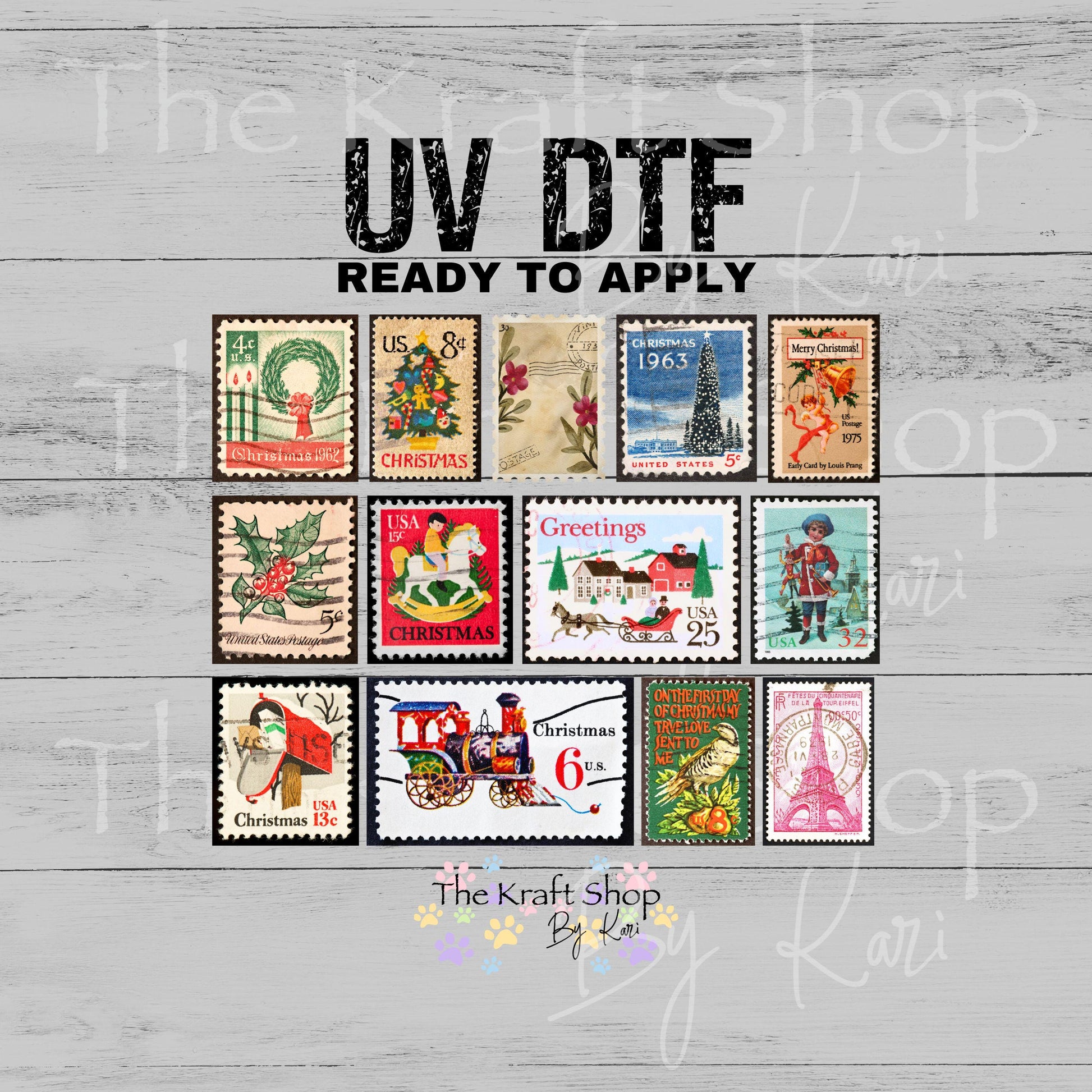UV DTF Sticker print Vintage Christmas stamps mixed media Element sheet 8x6 decal #7532