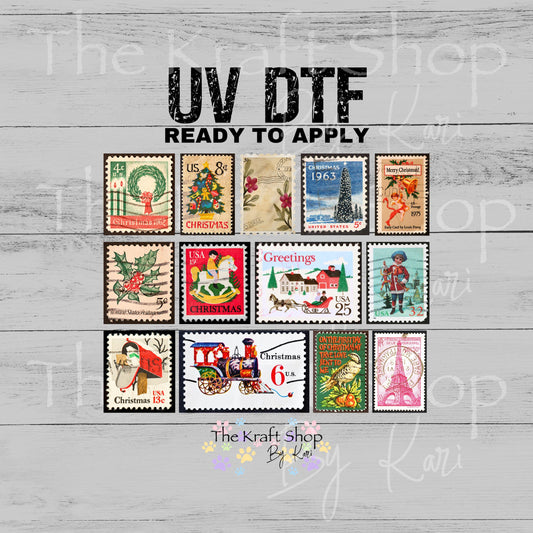 UV DTF Sticker print Vintage Christmas stamps mixed media Element sheet 8x6 decal #7532