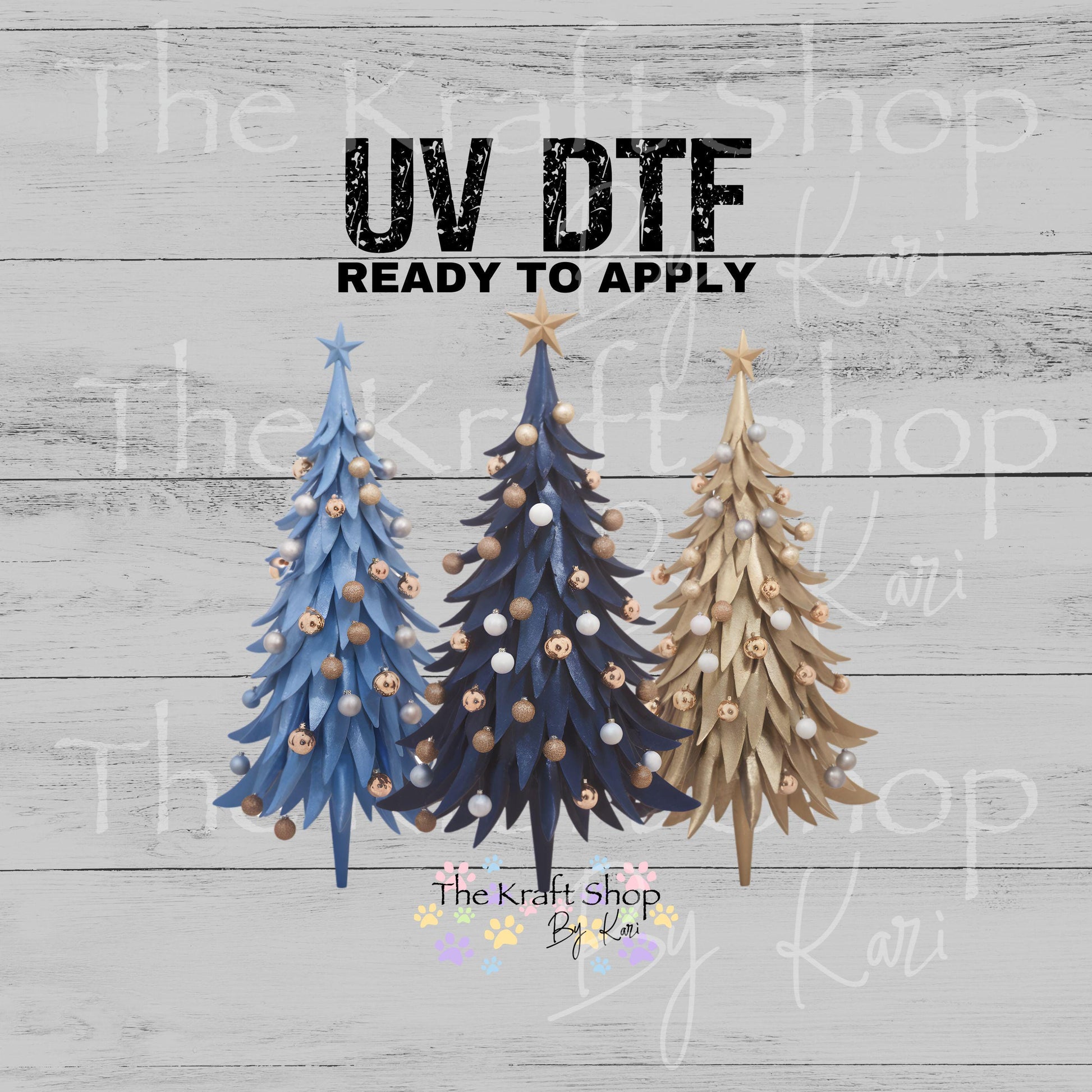 UV DTF Sticker print Blue Gold Christmas trees decal #7536