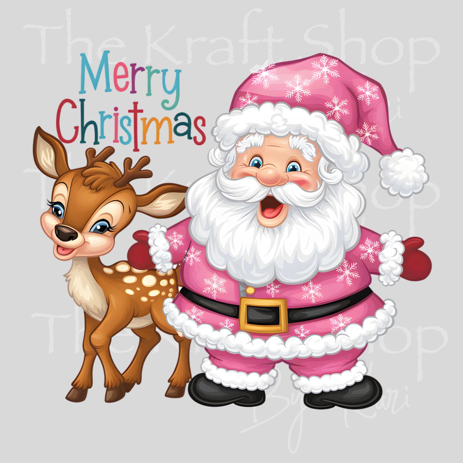 UV DTF Sticker print Pink Santa Merry Christmas and reindeer cute decal #7541
