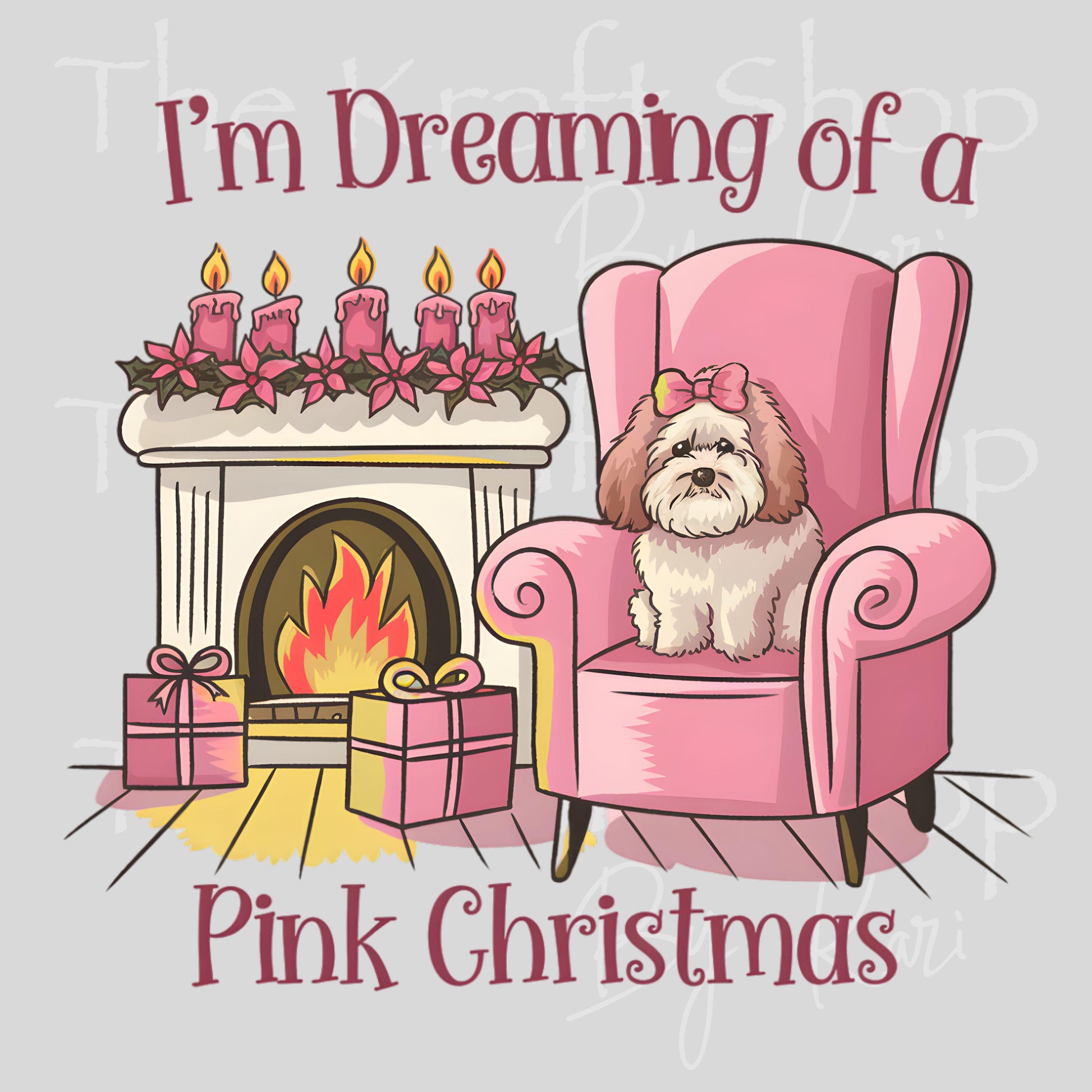 UV DTF Sticker print I'm dreaming of a pink Christmas with dog and fireplace decal #7542