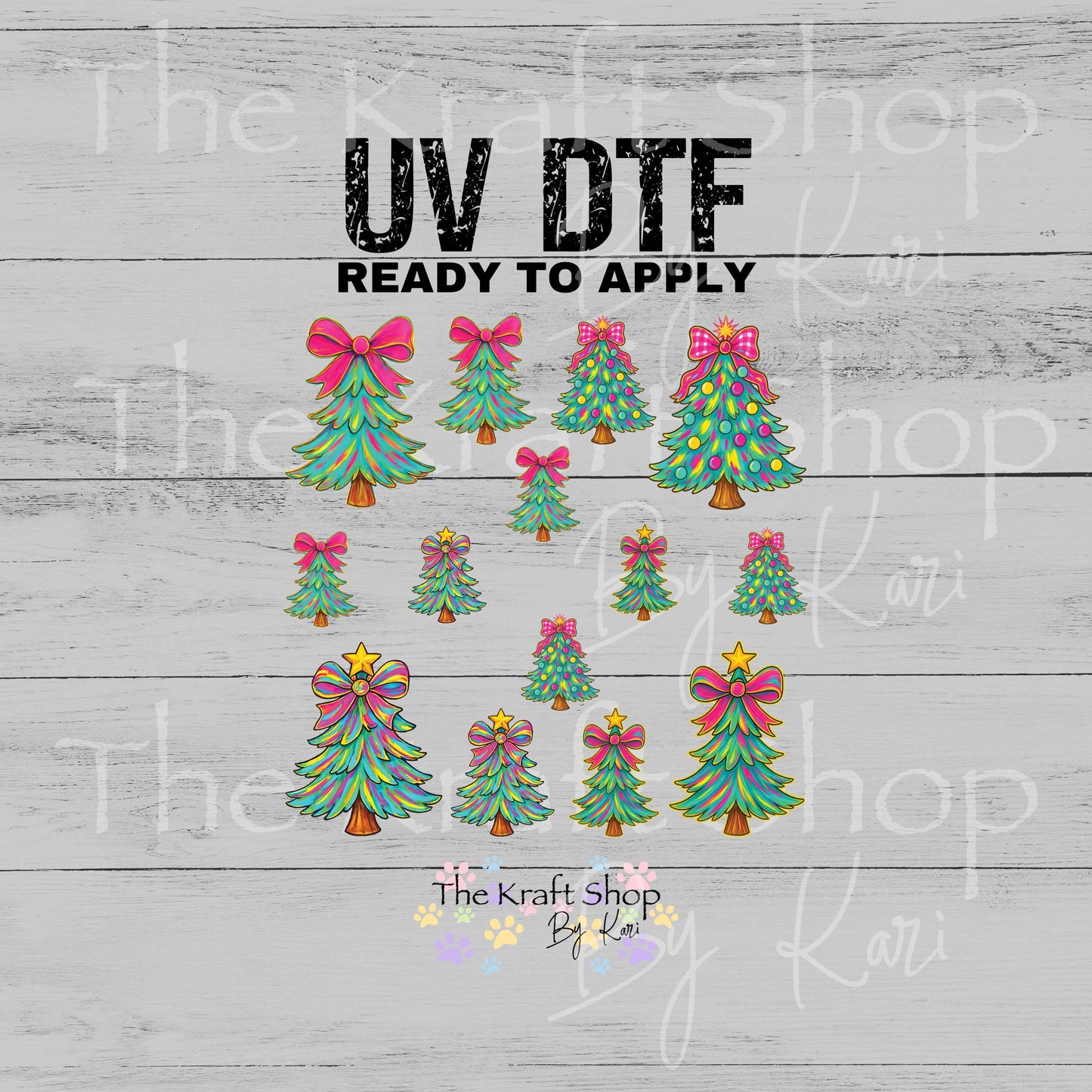 UV DTF Sticker print Colorful Christmas tree element mixed media sheet 8x8 decal #7542
