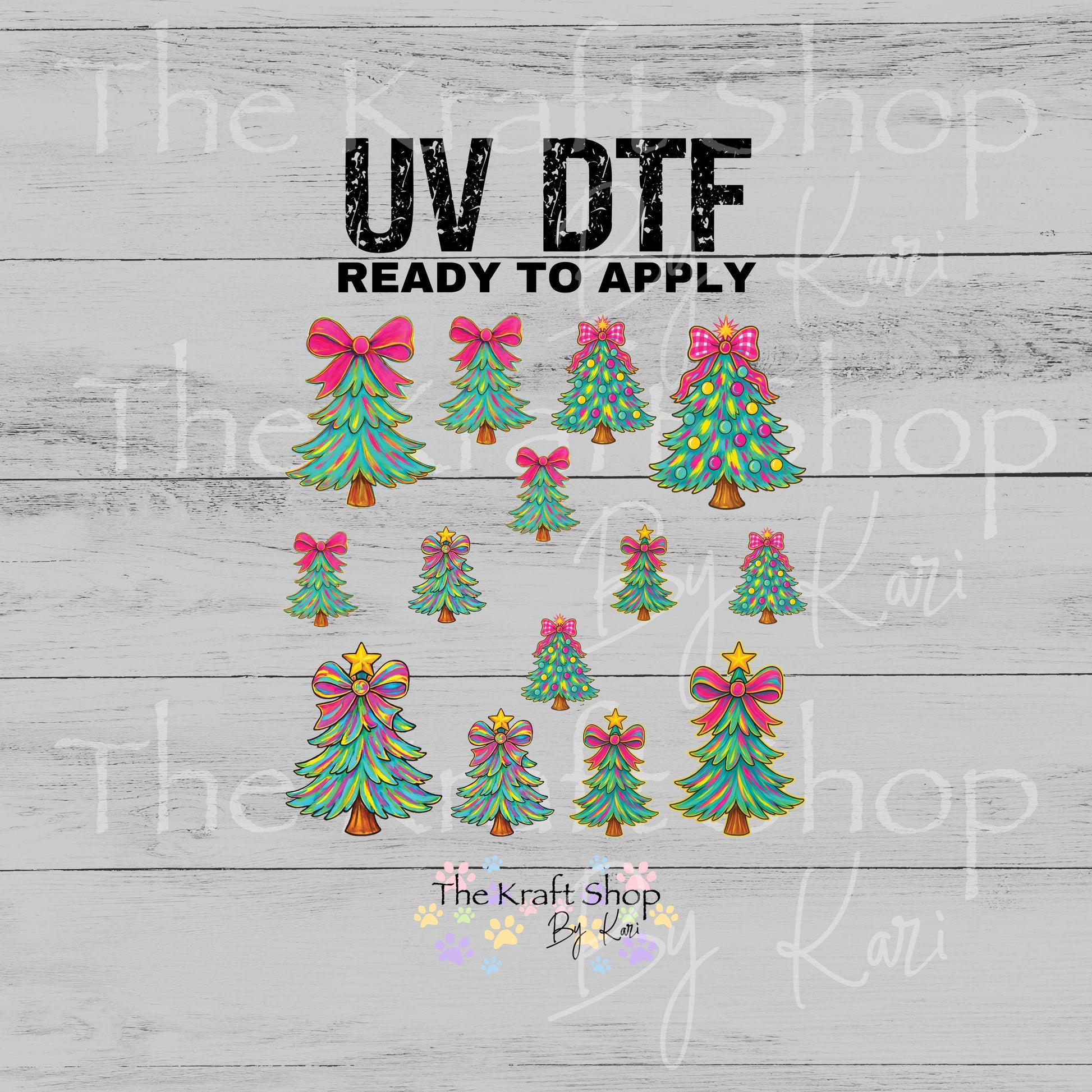UV DTF Sticker print Colorful Christmas tree element mixed media sheet 8x8 decal #7542