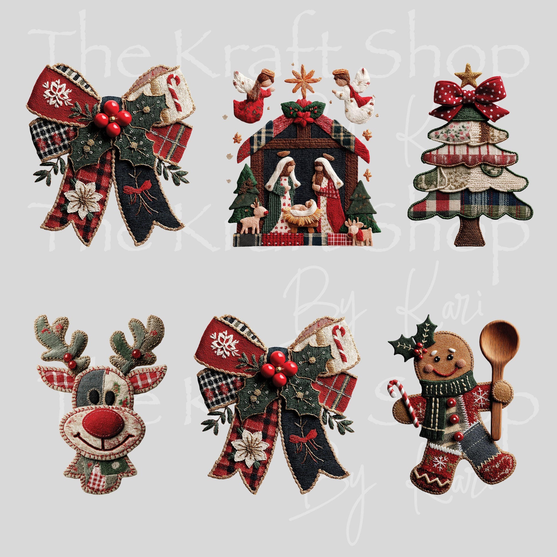 UV DTF Sticker prints. Patchwork bow reindeer gingerbread Christmas decals 3 pk, permanent sticker.#7543