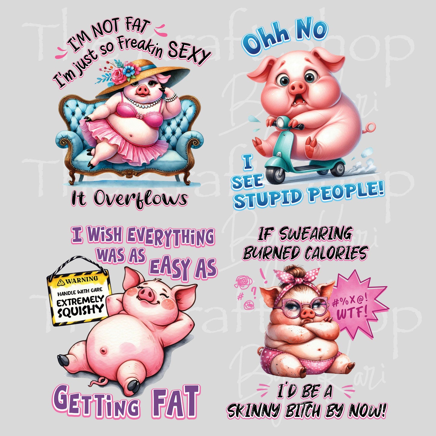 UV DTF Sticker prints. Big pig sarcastic decals 4 pk, permanent sticker.#4581