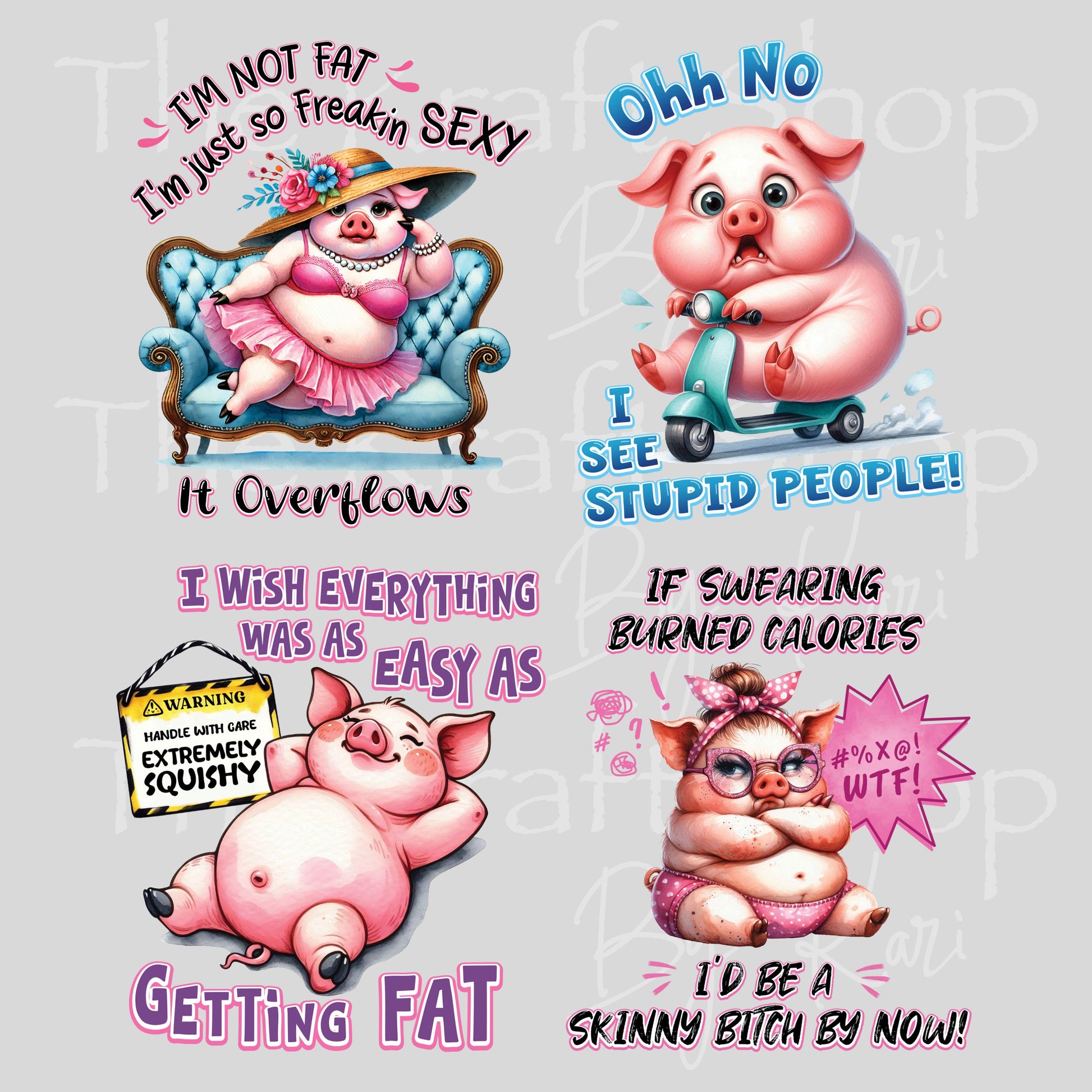 UV DTF Sticker prints. Big pig sarcastic decals 4 pk, permanent sticker.#4581