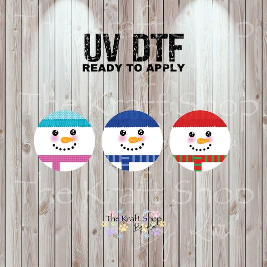 UV DTF Sticker print Cute Christmas Snowman face with scarf 3pk round Ornament decals, tumbler decal, permanent sticker.#7509
