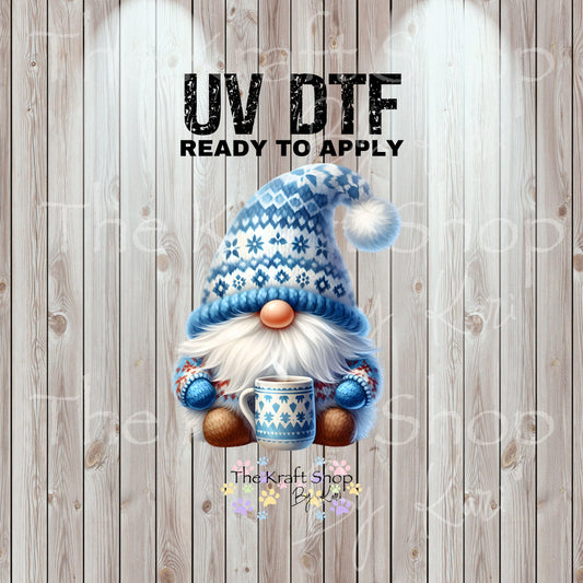UV DTF Sticker prints. Blue Knit Hat Gnome Christmas decal, permanent sticker. #7520