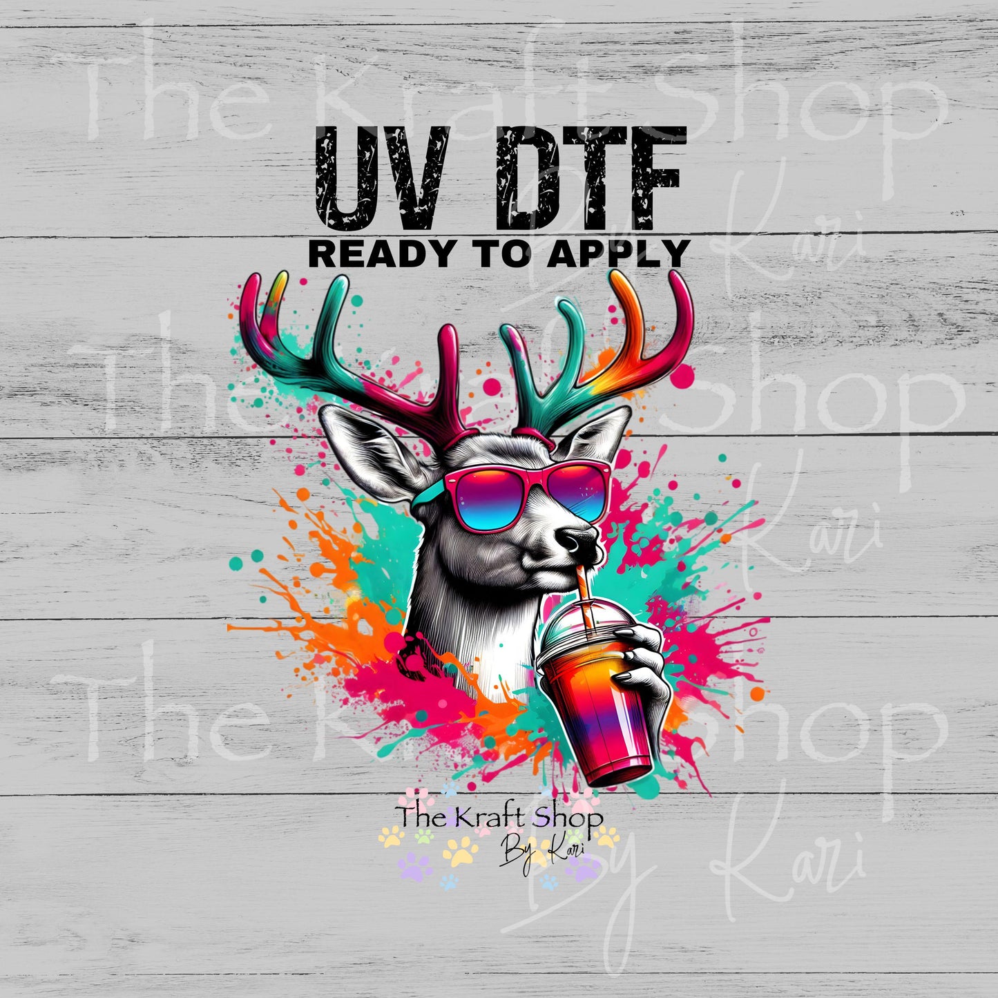 UV DTF Sticker prints. Paint splatter deer drinking a coffee colorful bright decal, permanent sticker. #1082