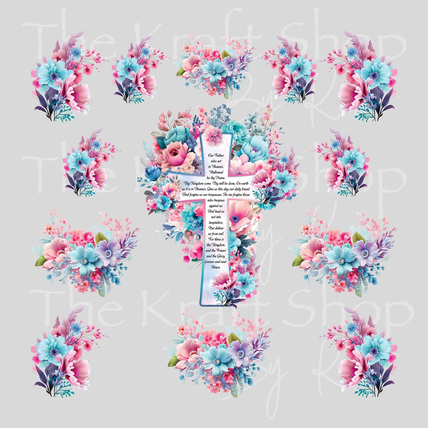 UV DTF Sticker print Our Father prayer and flowers Element sheet 8x8 decal, tumbler decal, permanent sticker. #7558