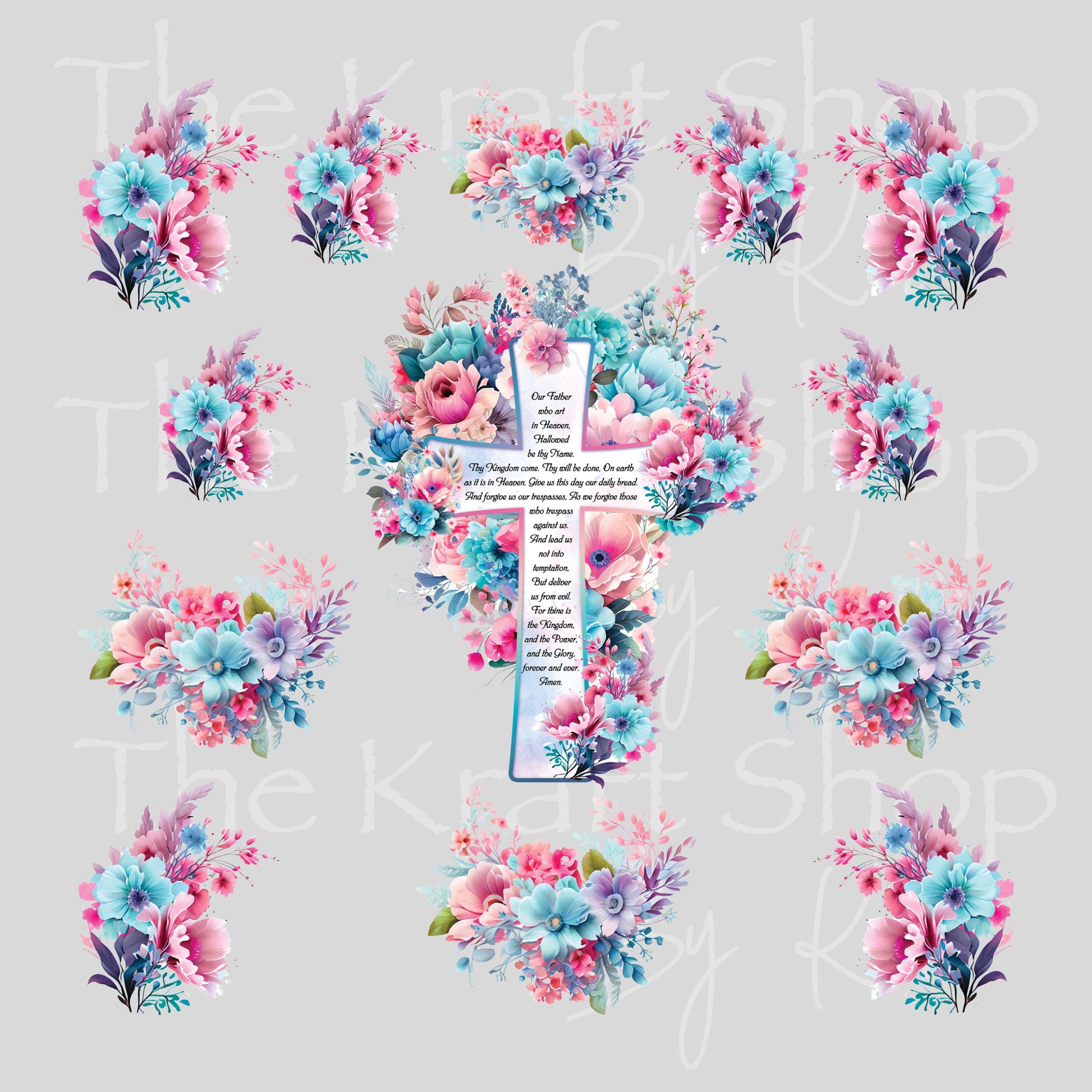 UV DTF Sticker print Our Father prayer and flowers Element sheet 8x8 decal, tumbler decal, permanent sticker. #7558