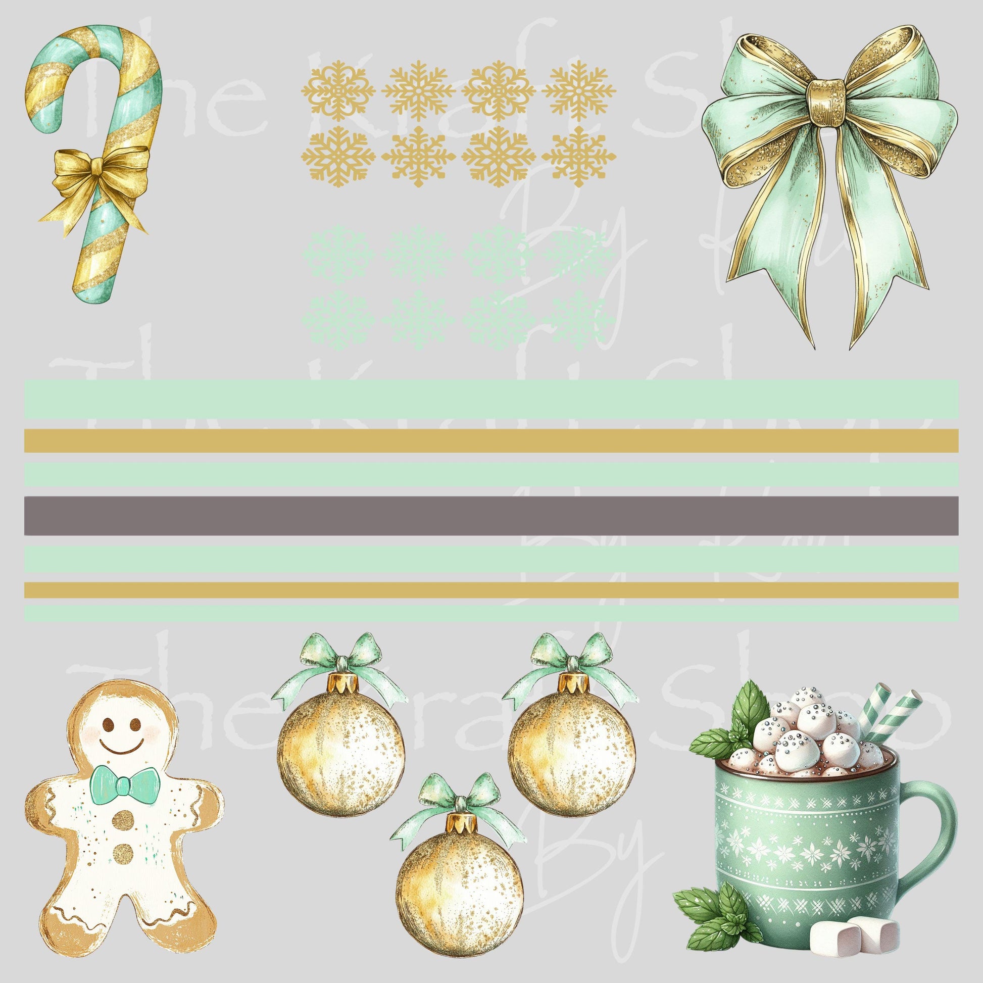 UV DTF Sticker print Teal bow Christmas Gingerbread Element mixed media bundle of decals Element sheet 10x10 decal #7528