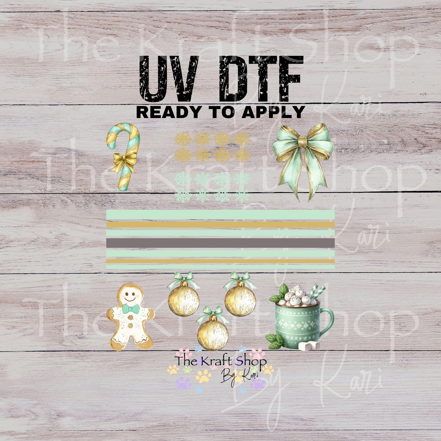 UV DTF Sticker print Teal bow Christmas Gingerbread Element mixed media bundle of decals Element sheet 10x10 decal #7528