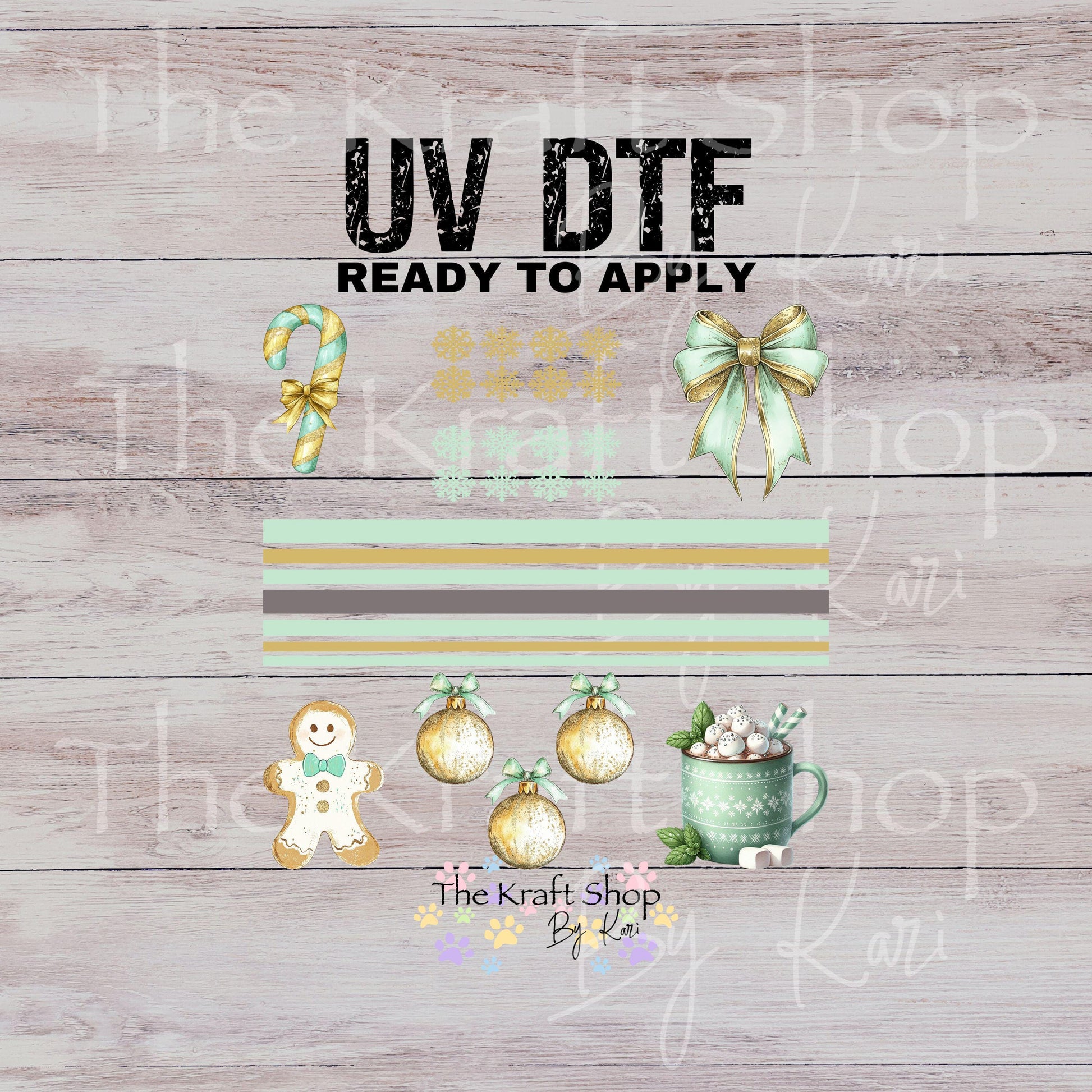 UV DTF Sticker print Teal bow Christmas Gingerbread Element mixed media bundle of decals Element sheet 10x10 decal #7528