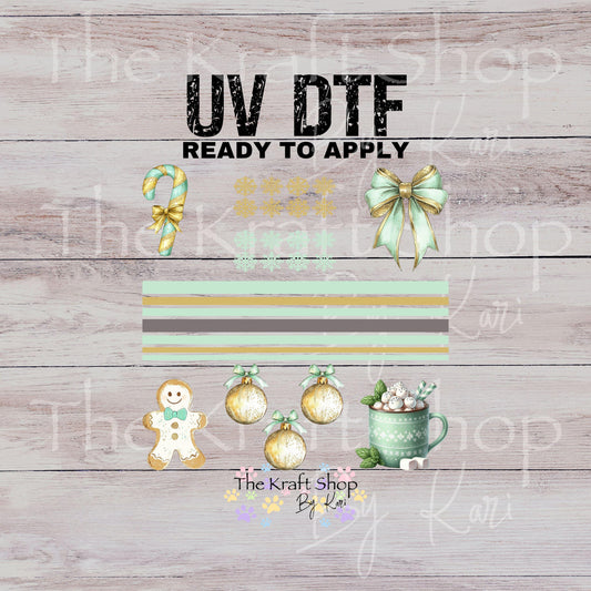 UV DTF Sticker print Teal bow Christmas Gingerbread Element mixed media bundle of decals Element sheet 10x10 decal #7528