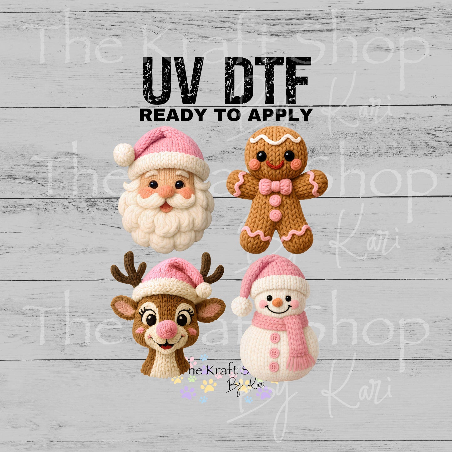 UV DTF Sticker prints. Crochet Santa Snowman Reindeer Gingerbread Christmas decals 4 pk, permanent sticker.#7537