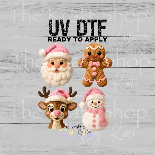 UV DTF Sticker prints. Crochet Santa Snowman Reindeer Gingerbread Christmas decals 4 pk, permanent sticker.#7537