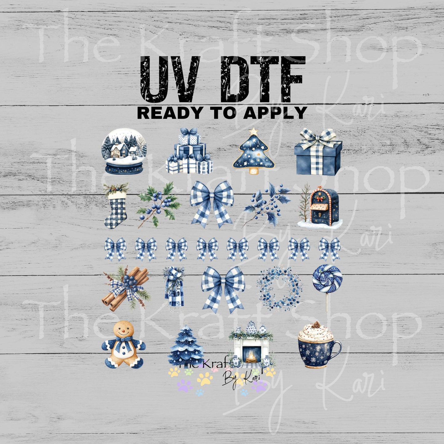 UV DTF Sticker print Blue Christmas Element Victorian mixed media bundle of decals Element sheet 10x10 decal #7539