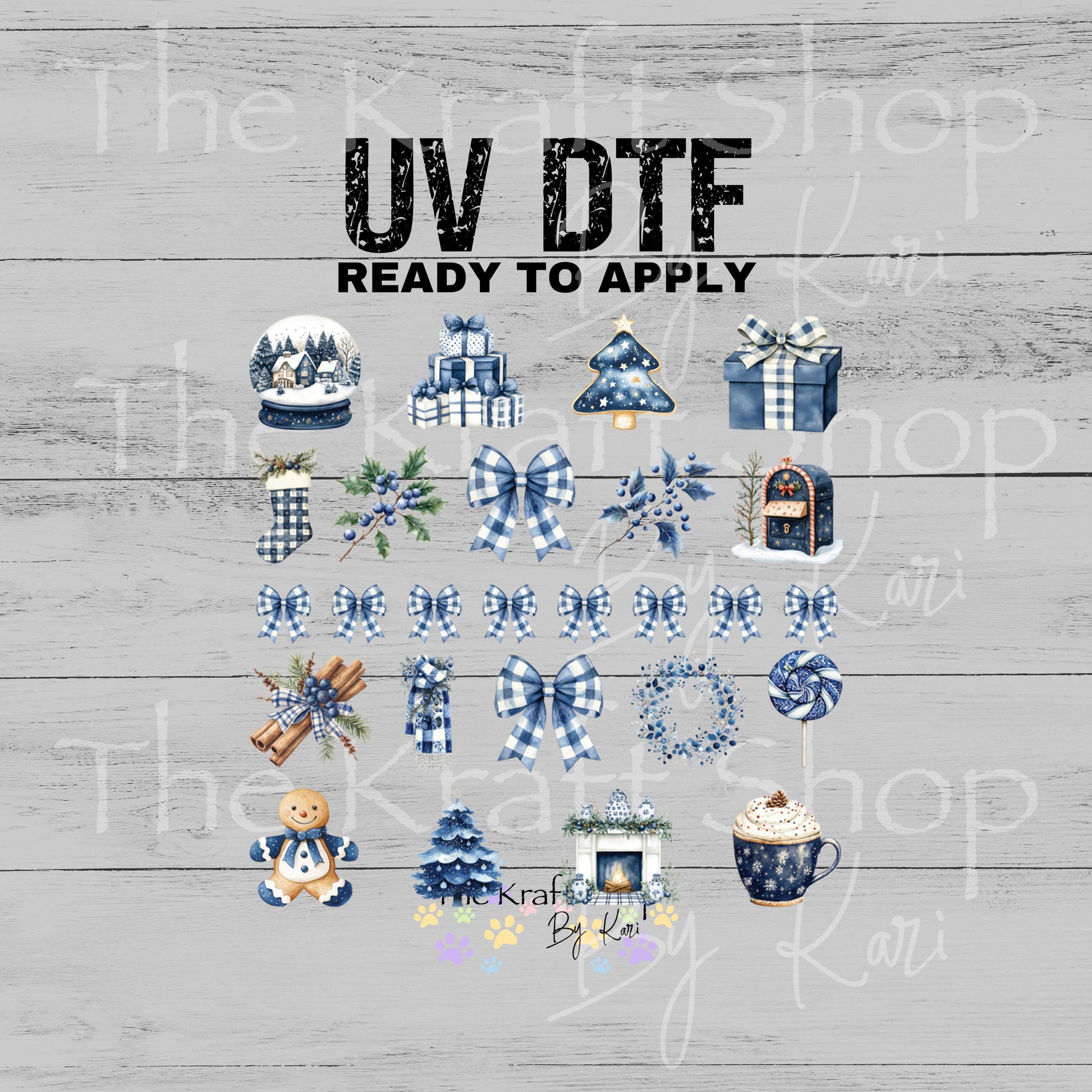 UV DTF Sticker print Blue Christmas Element Victorian mixed media bundle of decals Element sheet 10x10 decal #7539