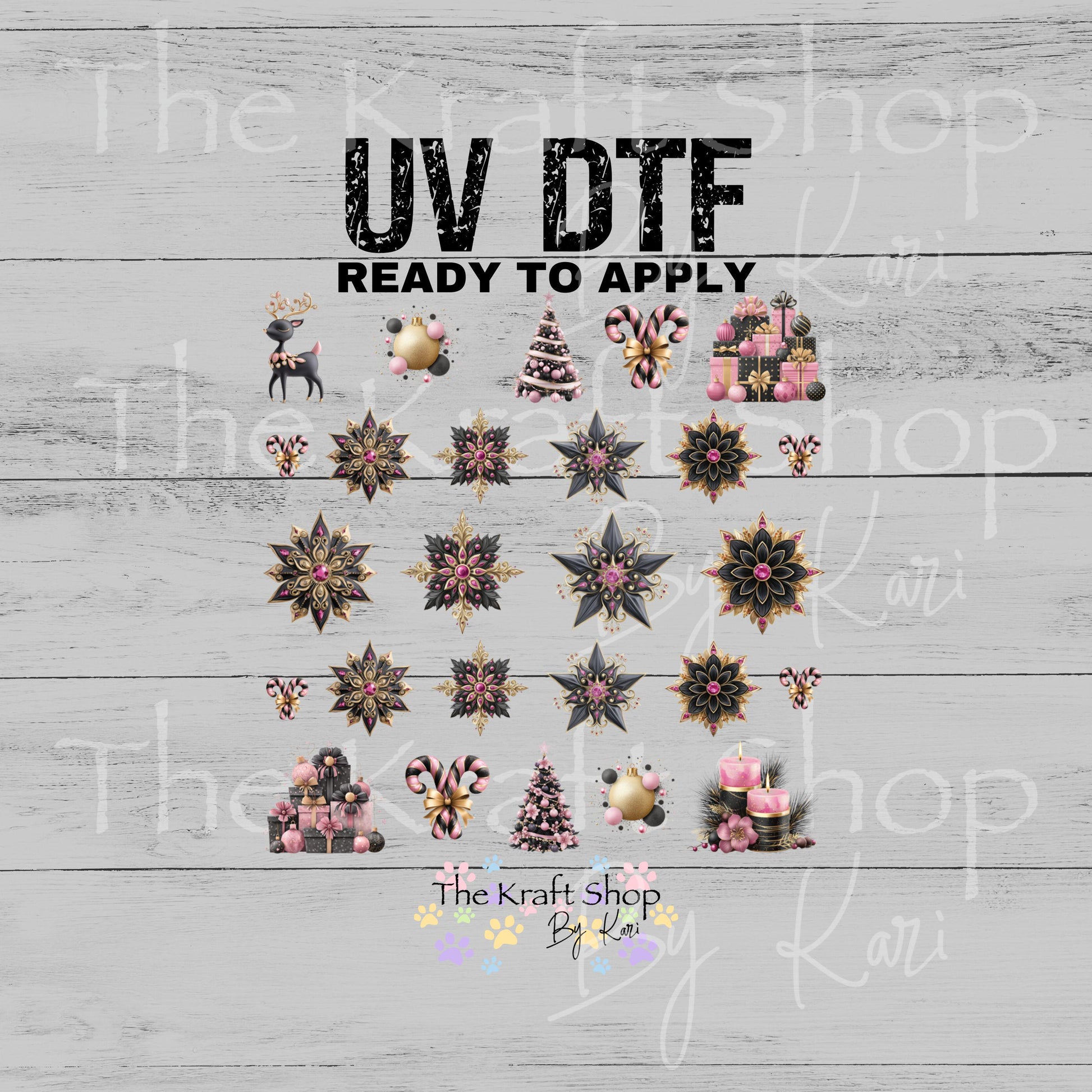 UV DTF Sticker print Pink Glam Christmas Element mixed media bundle of decals sheet 10x10 decal #7540