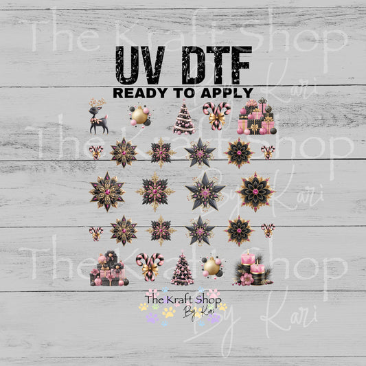 UV DTF Sticker print Pink Glam Christmas Element mixed media bundle of decals sheet 10x10 decal #7540