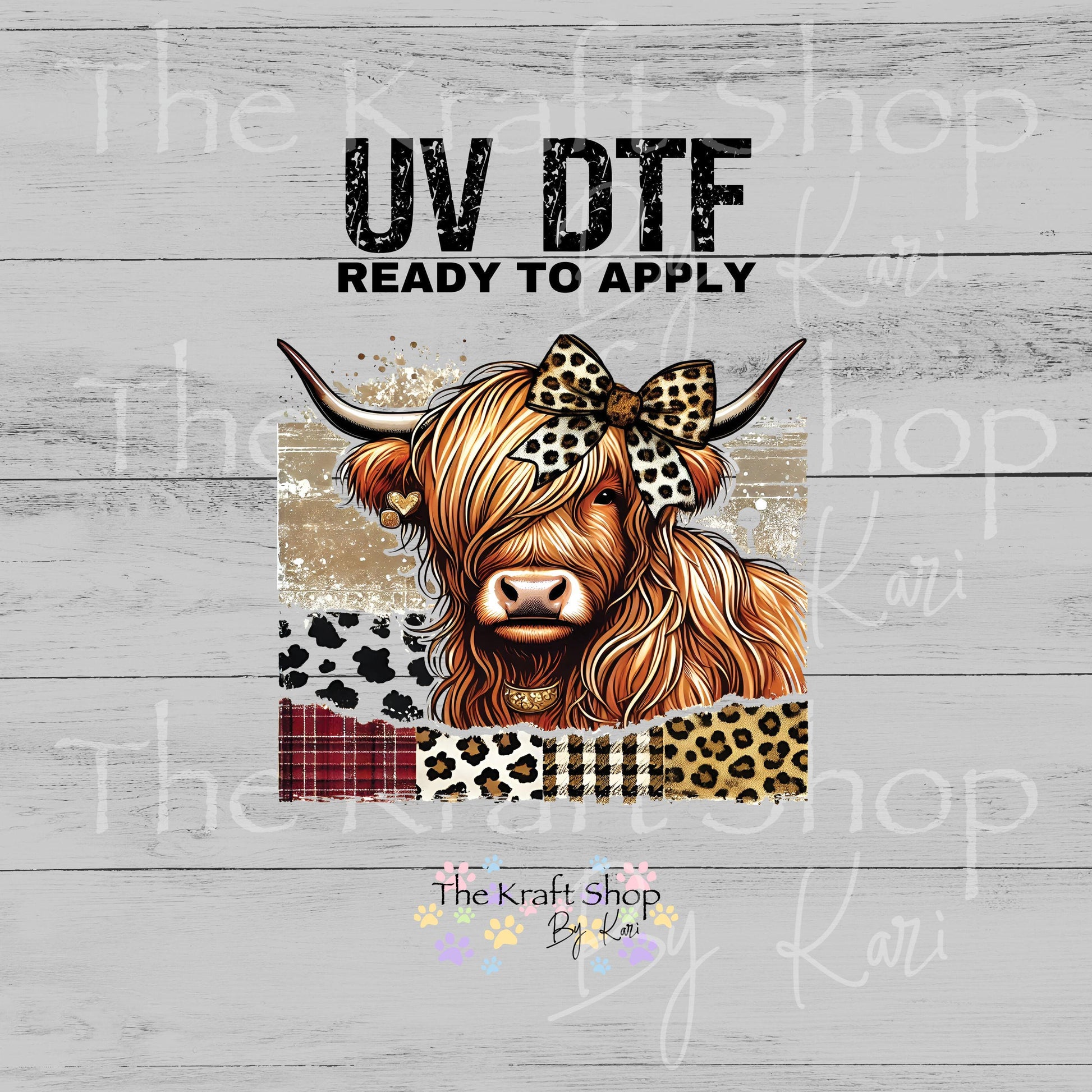 UV DTF Sticker prints. Buffalo check leopard cow decal highland cow with bow #1083